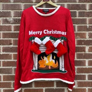 Skedouche Men’s XXL Holiday 3D Ugly Christmas Sweater Fire Place Stockings
